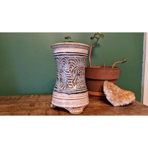 Vintage Hand Thrown Blue and White Leaves Art Pottery Vase